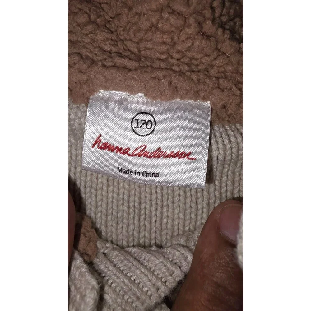 Hanna Anderson Kids Fisherman Cable Knit Beige Sweater Button Neck & Elbow Patch